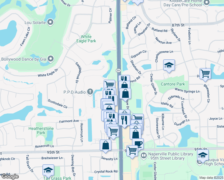 map of restaurants, bars, coffee shops, grocery stores, and more near 2656 Showplace Drive in Naperville