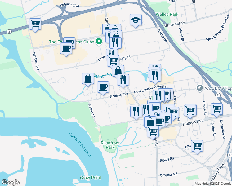 map of restaurants, bars, coffee shops, grocery stores, and more near 40 Naubuc Avenue in Glastonbury