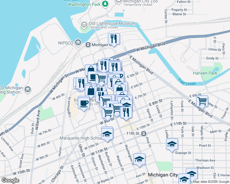 map of restaurants, bars, coffee shops, grocery stores, and more near 100-198 E 6th St in Michigan City
