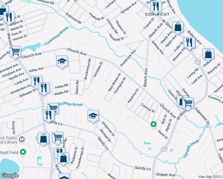 map of restaurants, bars, coffee shops, grocery stores, and more near 67 New Britain Drive in Warwick