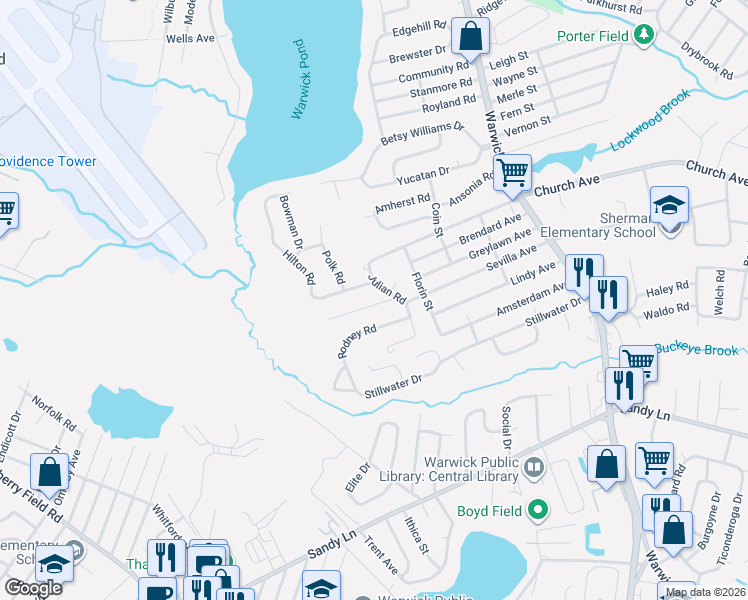 map of restaurants, bars, coffee shops, grocery stores, and more near 45 Julian Road in Warwick