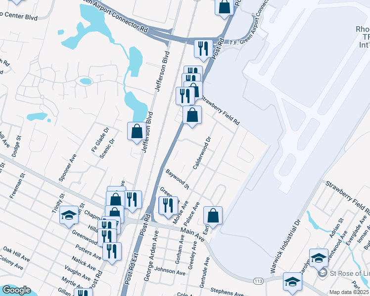 map of restaurants, bars, coffee shops, grocery stores, and more near 60 Fisher Avenue in Warwick