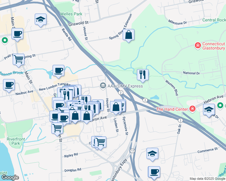 map of restaurants, bars, coffee shops, grocery stores, and more near 88 House Street in Glastonbury