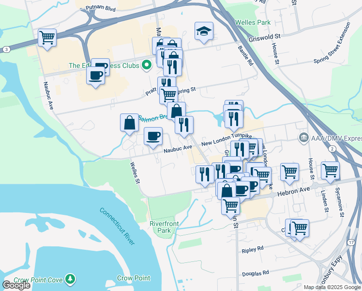 map of restaurants, bars, coffee shops, grocery stores, and more near 40 Naubuc Avenue in Glastonbury