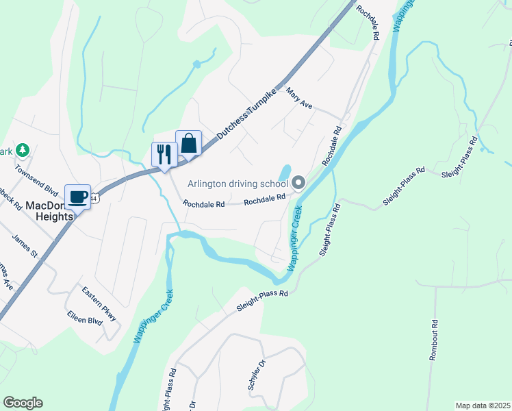 map of restaurants, bars, coffee shops, grocery stores, and more near 165 Rochdale Road in Poughkeepsie