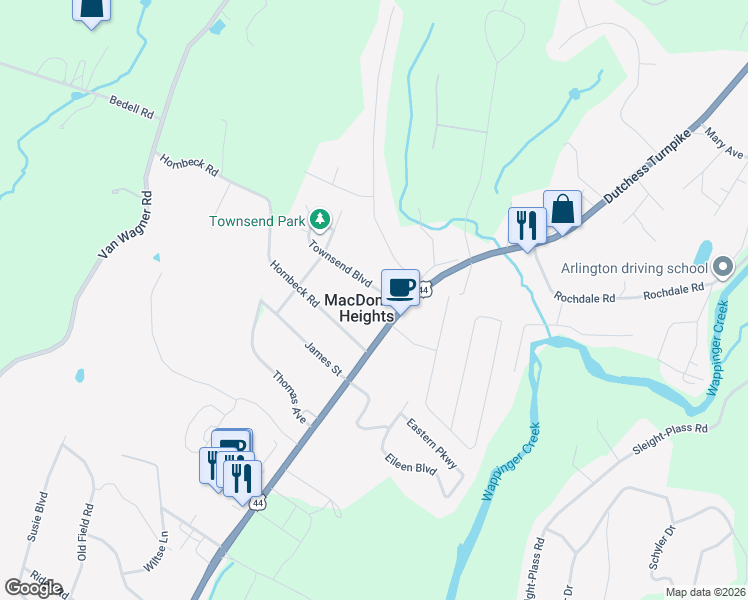 map of restaurants, bars, coffee shops, grocery stores, and more near 8 Townsend Boulevard in Poughkeepsie