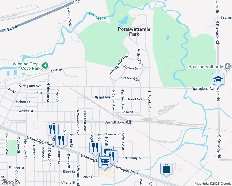 map of restaurants, bars, coffee shops, grocery stores, and more near 705-799 N Carroll Ave in Michigan City