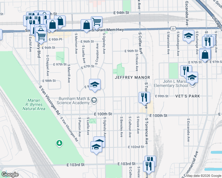 map of restaurants, bars, coffee shops, grocery stores, and more near 9779 South Oglesby Avenue in Chicago