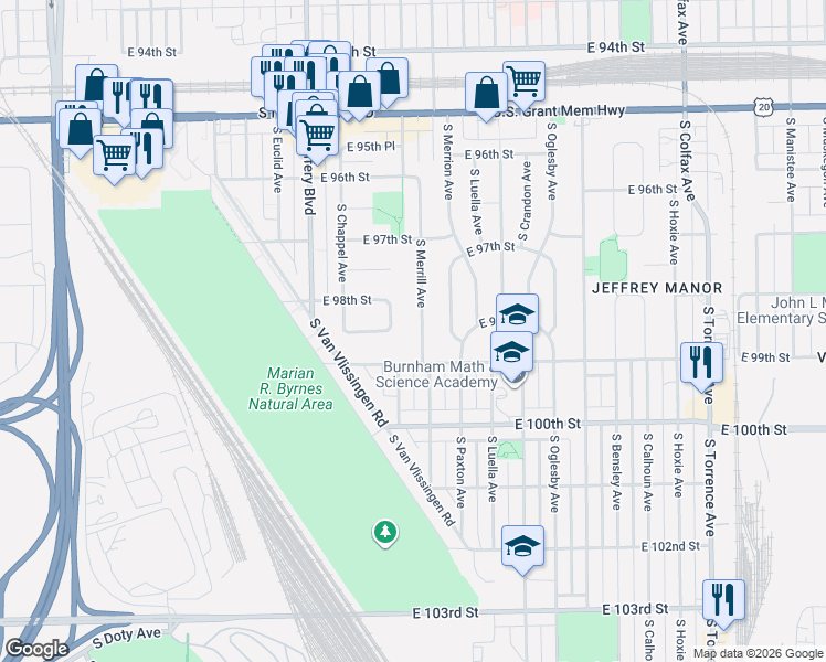 map of restaurants, bars, coffee shops, grocery stores, and more near 9816 South Merrill Avenue in Chicago