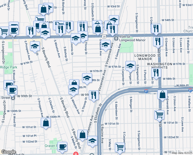 map of restaurants, bars, coffee shops, grocery stores, and more near 1227 West 97th Place in Chicago