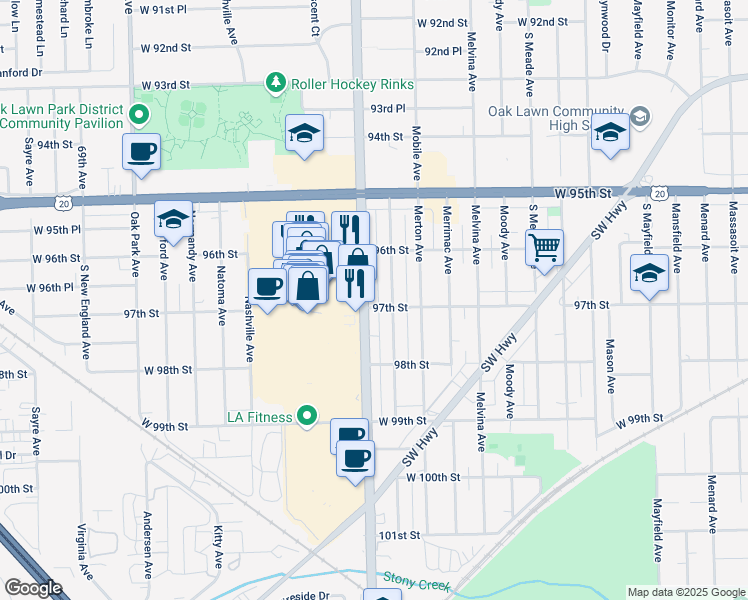 map of restaurants, bars, coffee shops, grocery stores, and more near 9680 Ridgeland Avenue in Chicago Ridge