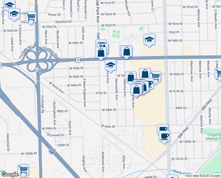 map of restaurants, bars, coffee shops, grocery stores, and more near 9630 Normandy Avenue in Oak Lawn