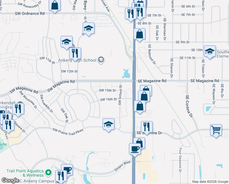 map of restaurants, bars, coffee shops, grocery stores, and more near 215 Southwest Heritage Lane in Ankeny