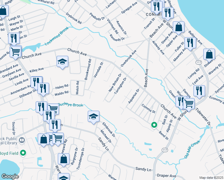 map of restaurants, bars, coffee shops, grocery stores, and more near 67 New Britain Drive in Warwick