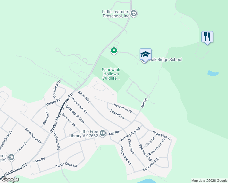 map of restaurants, bars, coffee shops, grocery stores, and more near 31 Cobblestone Way in Sandwich