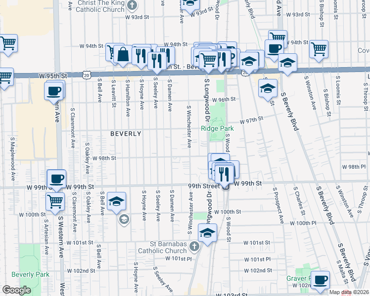 map of restaurants, bars, coffee shops, grocery stores, and more near 9737 South Winchester Avenue in Chicago