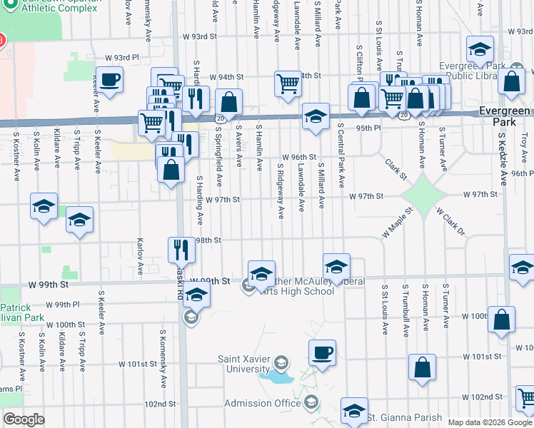 map of restaurants, bars, coffee shops, grocery stores, and more near 9710 South Ridgeway Avenue in Evergreen Park