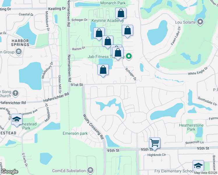 map of restaurants, bars, coffee shops, grocery stores, and more near 236 91st Street in Naperville