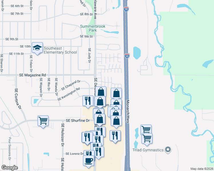 map of restaurants, bars, coffee shops, grocery stores, and more near 1517 Southeast Delaware Avenue in Ankeny