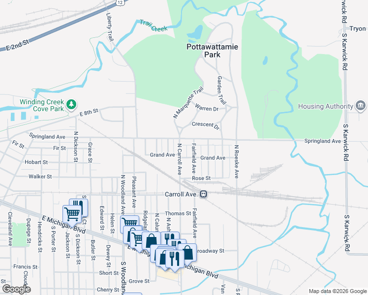 map of restaurants, bars, coffee shops, grocery stores, and more near 705-799 N Carroll Ave in Michigan City