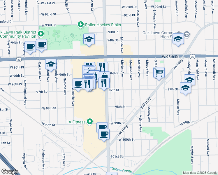 map of restaurants, bars, coffee shops, grocery stores, and more near 9680 Ridgeland Avenue in Chicago Ridge