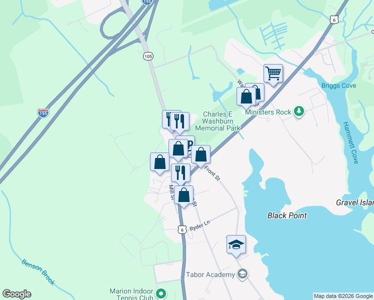 map of restaurants, bars, coffee shops, grocery stores, and more near Front Street in Marion