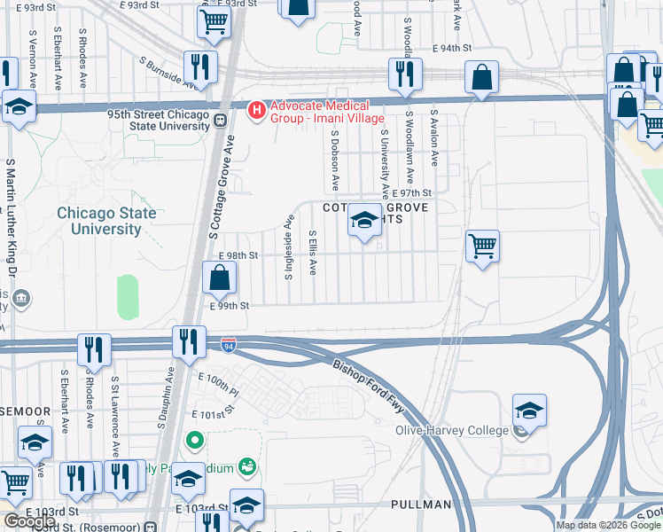 map of restaurants, bars, coffee shops, grocery stores, and more near 9804 South Dobson Avenue in Chicago