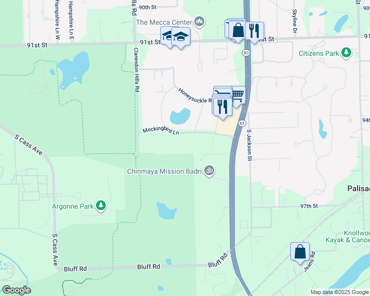 map of restaurants, bars, coffee shops, grocery stores, and more near 16 Mockingbird Lane in Burr Ridge