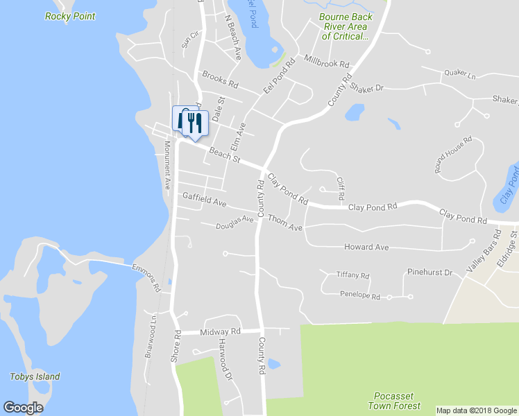 map of restaurants, bars, coffee shops, grocery stores, and more near 1245A County Road in Bourne