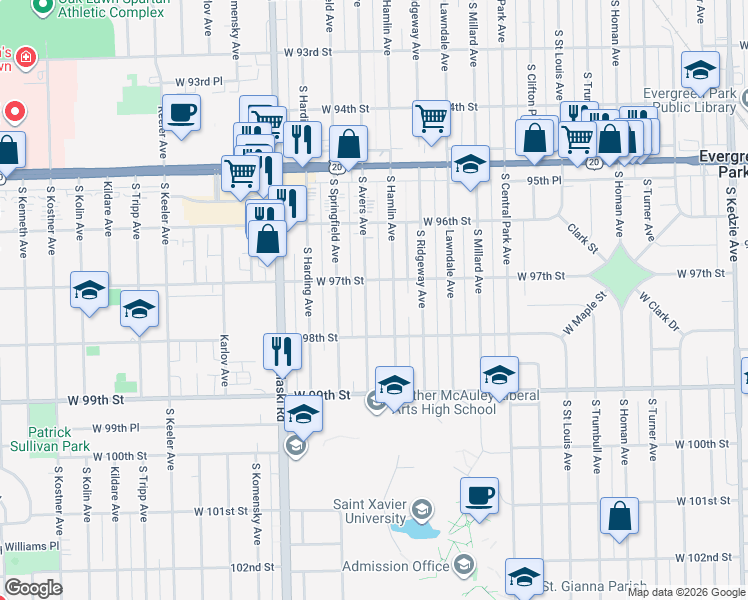 map of restaurants, bars, coffee shops, grocery stores, and more near 9711 South Avers Avenue in Evergreen Park