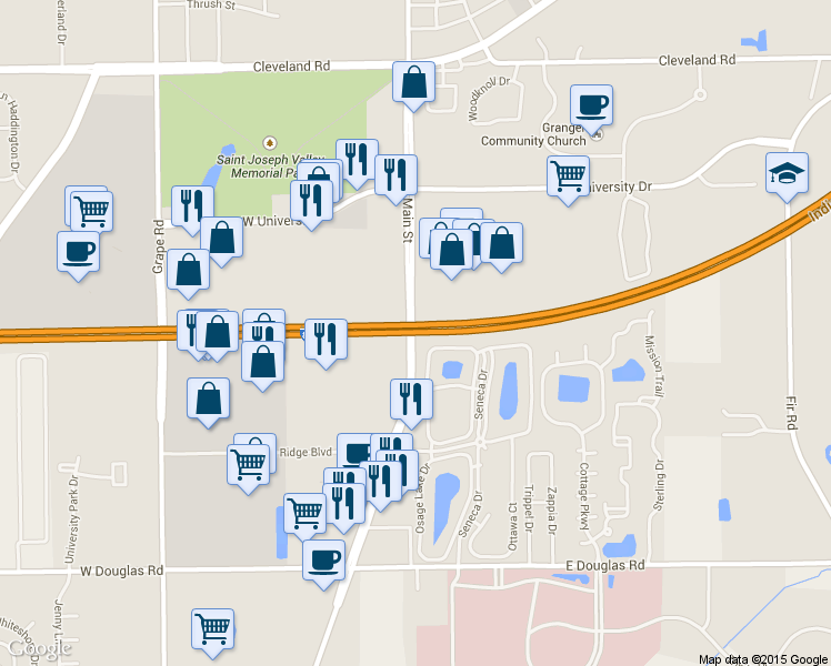 map of restaurants, bars, coffee shops, grocery stores, and more near Indiana Toll Road in Mishawaka