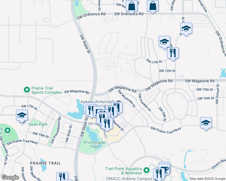 map of restaurants, bars, coffee shops, grocery stores, and more near 1250 Southwest Magazine Road in Ankeny