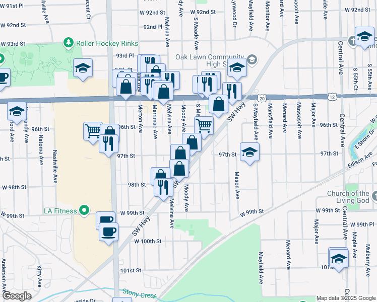 map of restaurants, bars, coffee shops, grocery stores, and more near 9640 Moody Avenue in Oak Lawn