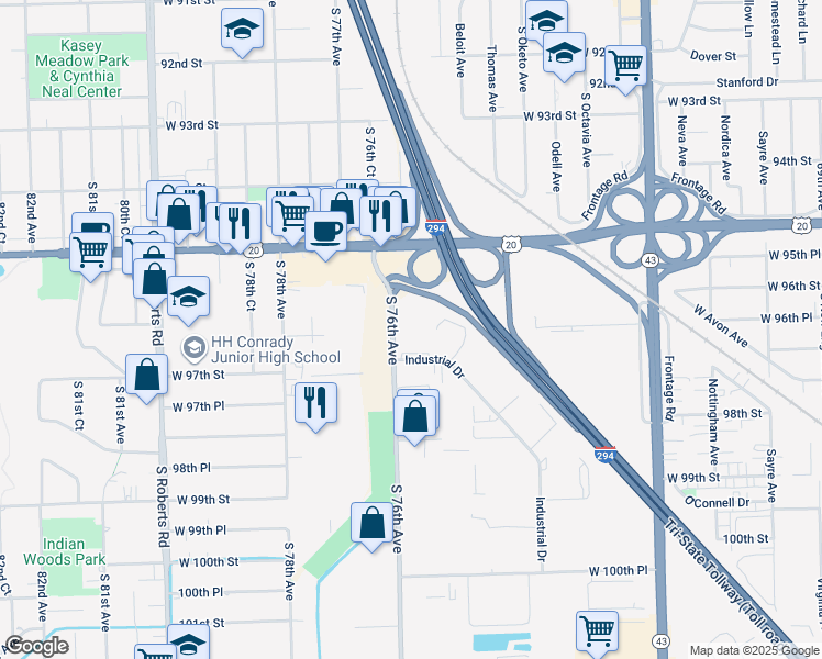map of restaurants, bars, coffee shops, grocery stores, and more near 9625 South 76th Avenue in Bridgeview