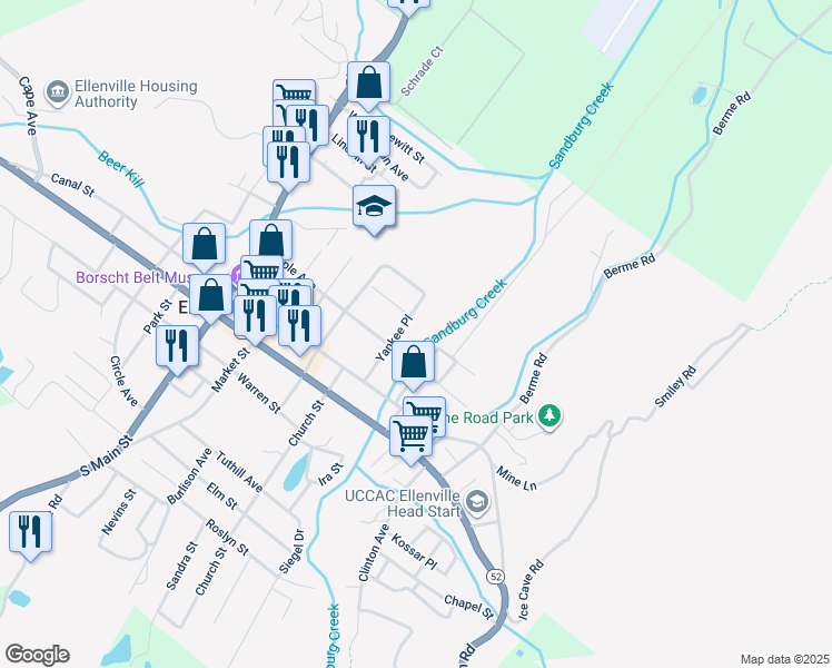 map of restaurants, bars, coffee shops, grocery stores, and more near 15 Yankee Place in Ellenville