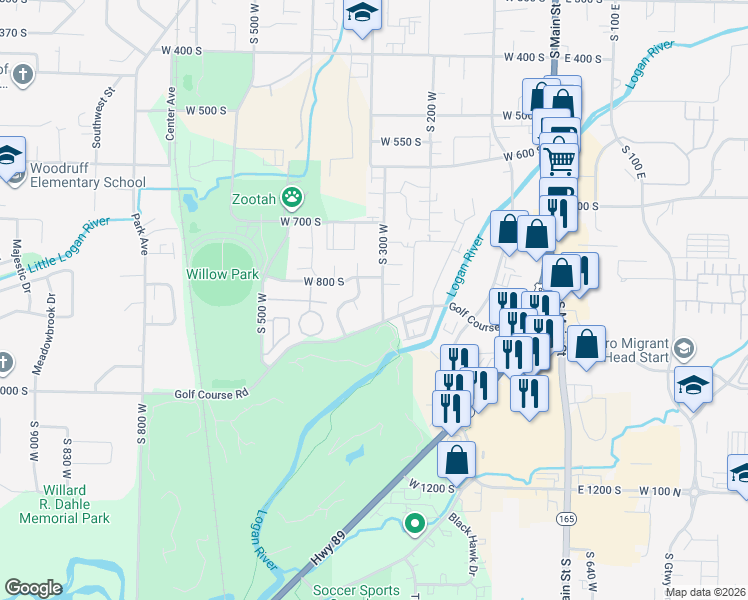 map of restaurants, bars, coffee shops, grocery stores, and more near 839 South 300 West in Logan