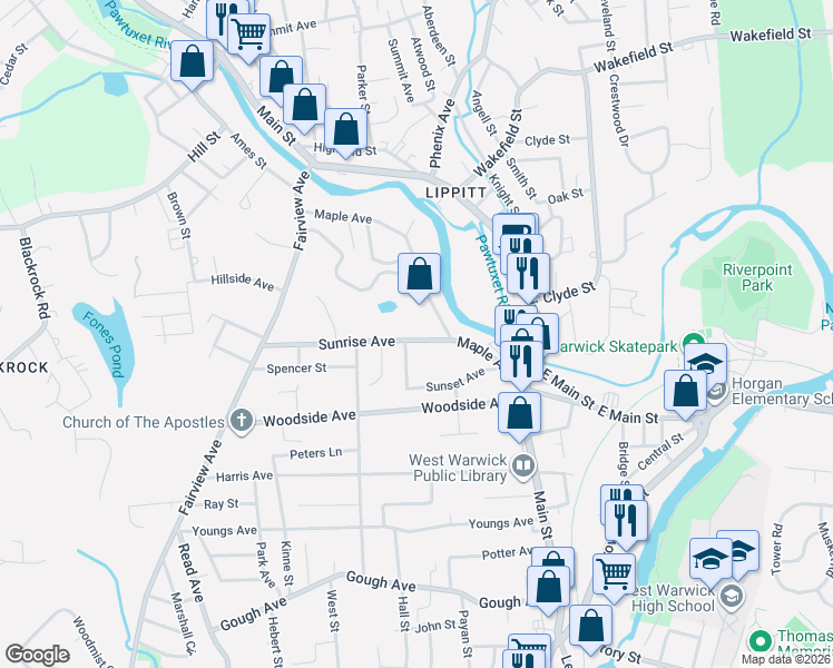 map of restaurants, bars, coffee shops, grocery stores, and more near 25 Sunrise Avenue in West Warwick
