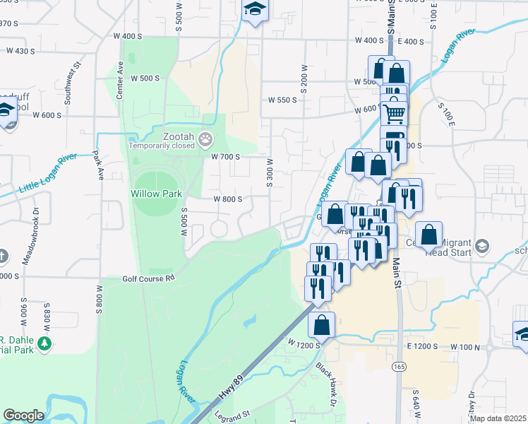 map of restaurants, bars, coffee shops, grocery stores, and more near 839 South 300 West in Logan