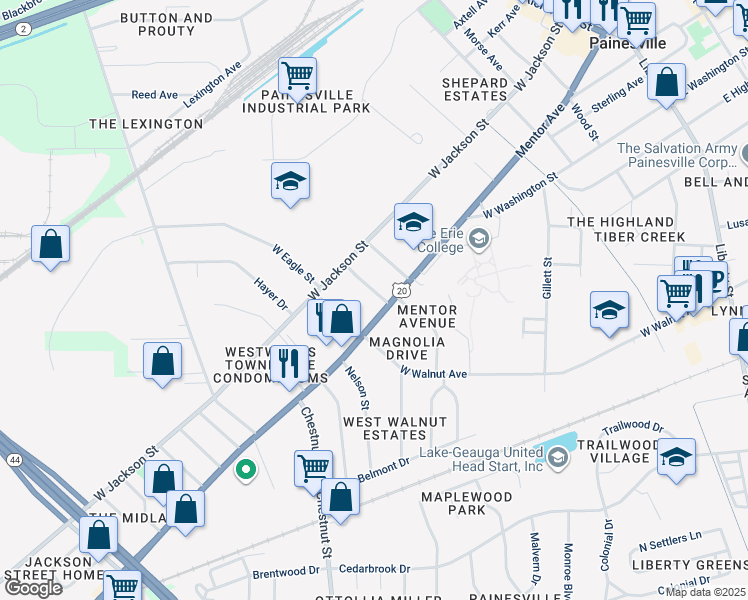 map of restaurants, bars, coffee shops, grocery stores, and more near 596 Mentor Avenue in Painesville