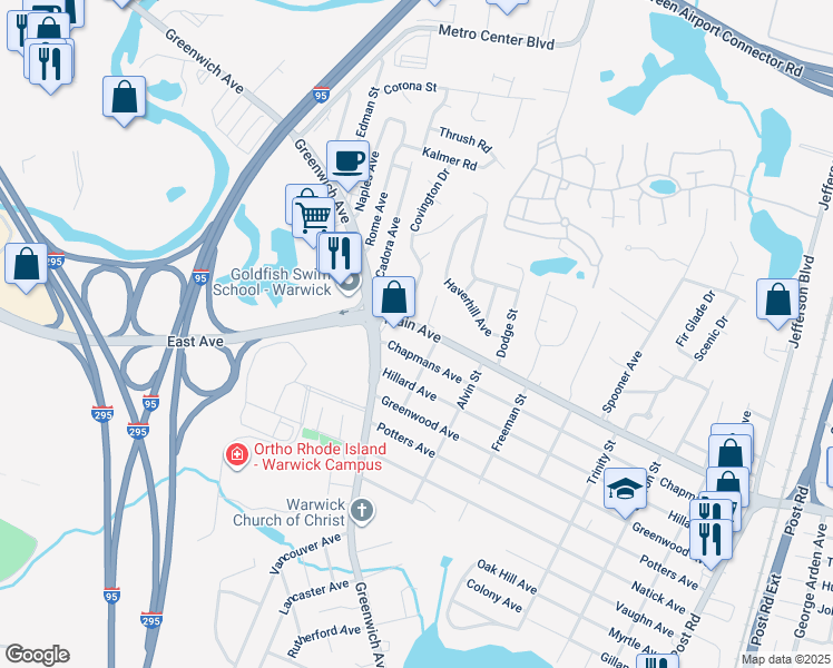 map of restaurants, bars, coffee shops, grocery stores, and more near 1156 Main Avenue in Warwick
