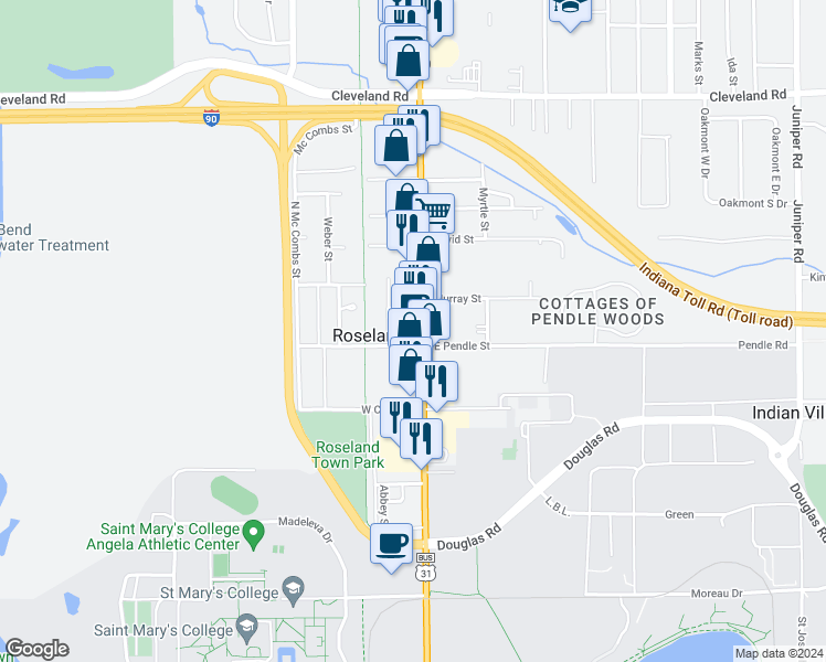 map of restaurants, bars, coffee shops, grocery stores, and more near 109 North Dixie Way in South Bend
