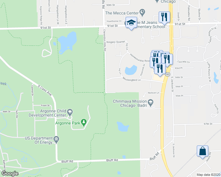 map of restaurants, bars, coffee shops, grocery stores, and more near 10S771 Clarendon Hills Road in Willowbrook