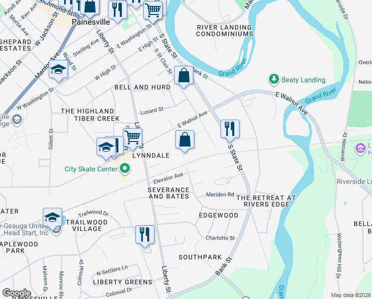 map of restaurants, bars, coffee shops, grocery stores, and more near 529 Hoyt Street in Painesville