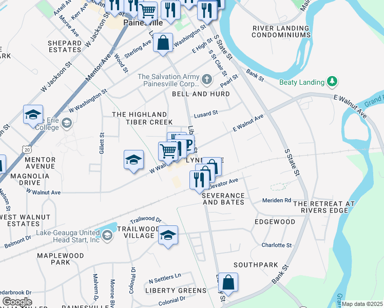 map of restaurants, bars, coffee shops, grocery stores, and more near 442 Liberty Street in Painesville