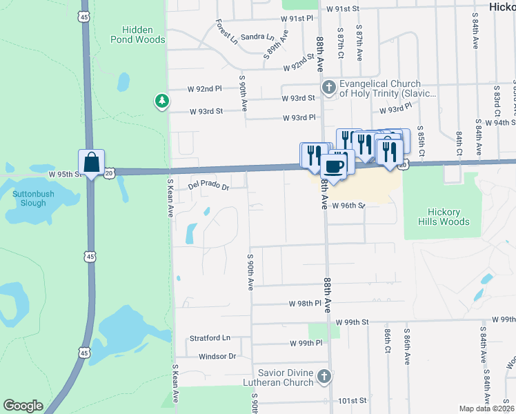 map of restaurants, bars, coffee shops, grocery stores, and more near 9531 South 90th Avenue in Palos Hills