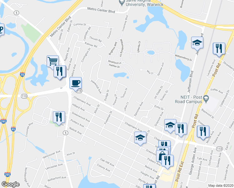 map of restaurants, bars, coffee shops, grocery stores, and more near 150 Imperial Drive in Warwick