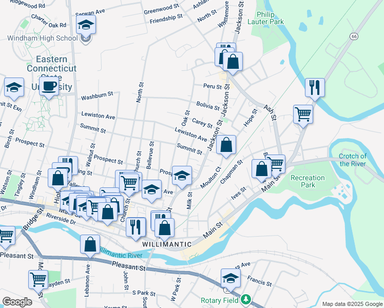 map of restaurants, bars, coffee shops, grocery stores, and more near 17 Summit Street in Windham
