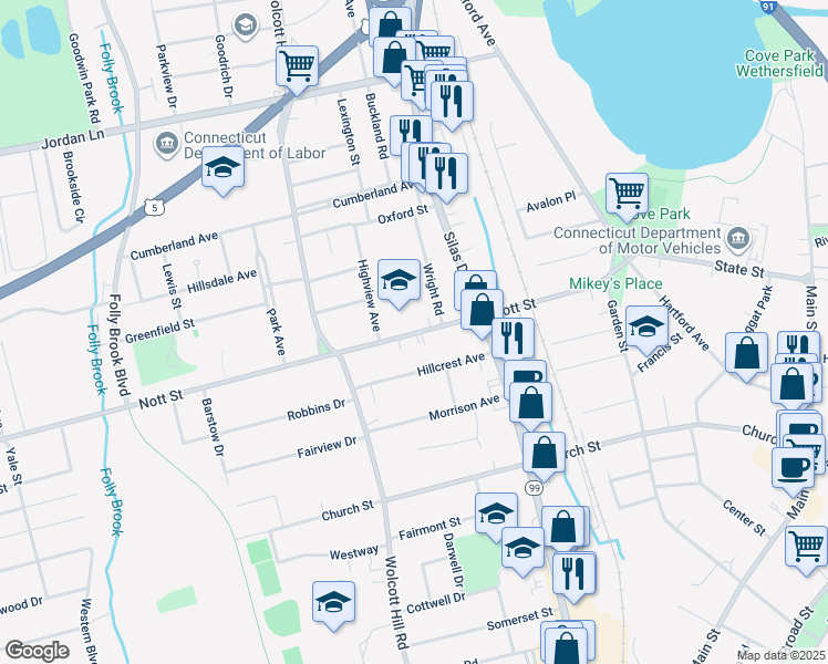 map of restaurants, bars, coffee shops, grocery stores, and more near 174 Nott Street in Wethersfield