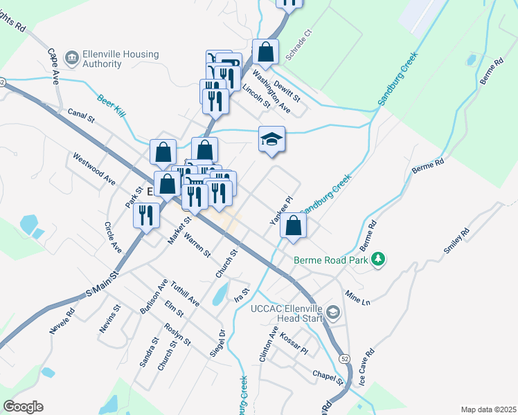 map of restaurants, bars, coffee shops, grocery stores, and more near 36 Maple Avenue in Ellenville