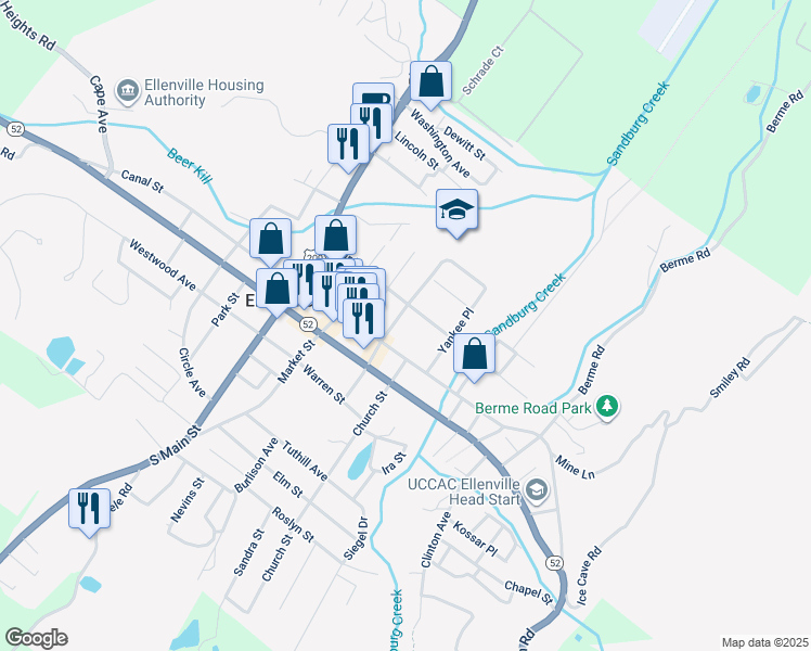 map of restaurants, bars, coffee shops, grocery stores, and more near 7 Maiden Lane in Ellenville